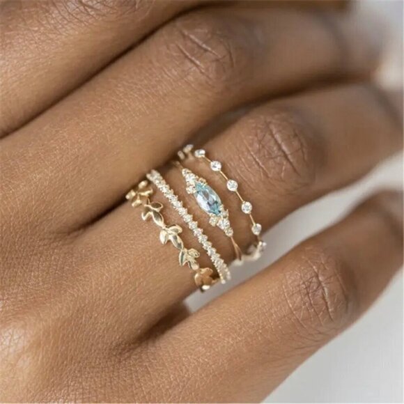 NWT Dainty Ring Set of 3PCs 14K Gold Plated Cubic Zirconia Sz.7 Fairy - Picture 7 of 11